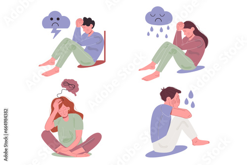 Set of man and woman depression mental health.