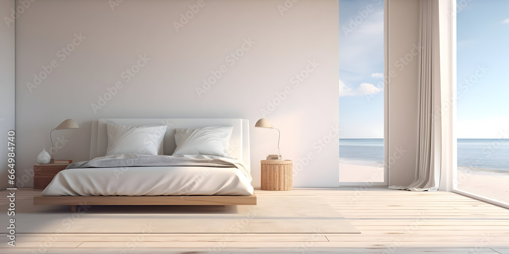 White bedroom on wooden flooring is sitting next to a wicker furniture generative ai White bedroom on wooden flooring is sitting next to a wicker furniture generative ai