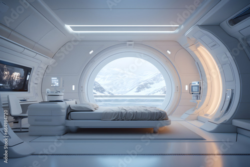 Futuristic white moon base bedroom interior. Neural network generated image. Not based on any actual scene or pattern.