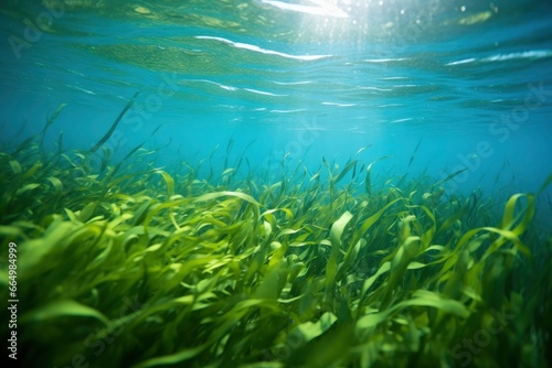 Underwater view of a group of seabed with green seagrass. © MdMohammod