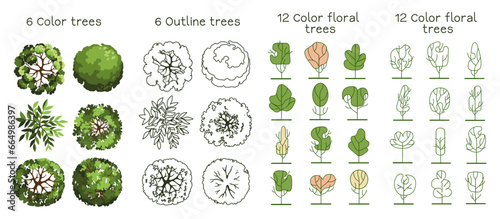 Tree for architectural floor plans. Entourage design. Various trees, bushes, and shrubs, top view for the landscape design plan. Vector illustration.