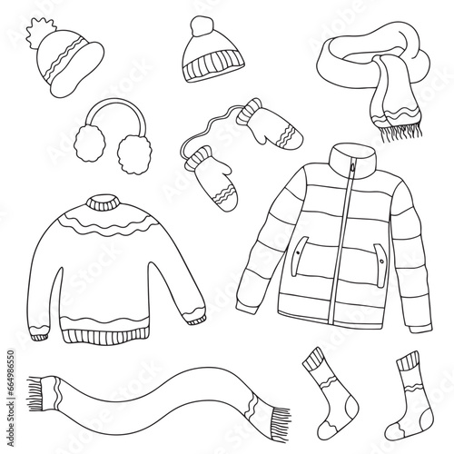 Set of winter clothing icons. Vector doodle illustration. Doodle autumn winter clothes vector collection. Vector illustration