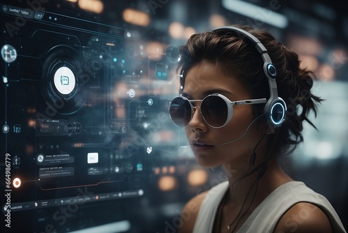 A persona wearing a black headset, analyzing complex graphs and charts on a blue and white computer screen