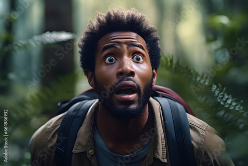 African American man lost in forest at summer day. Neural network generated image. Not based on any actual person or scene.