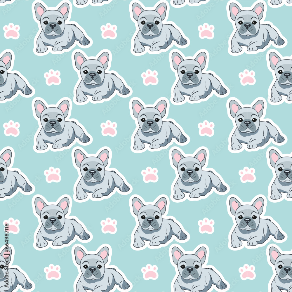 Seamless pattern of gray lying French bulldog babies on a blue background with paw prints