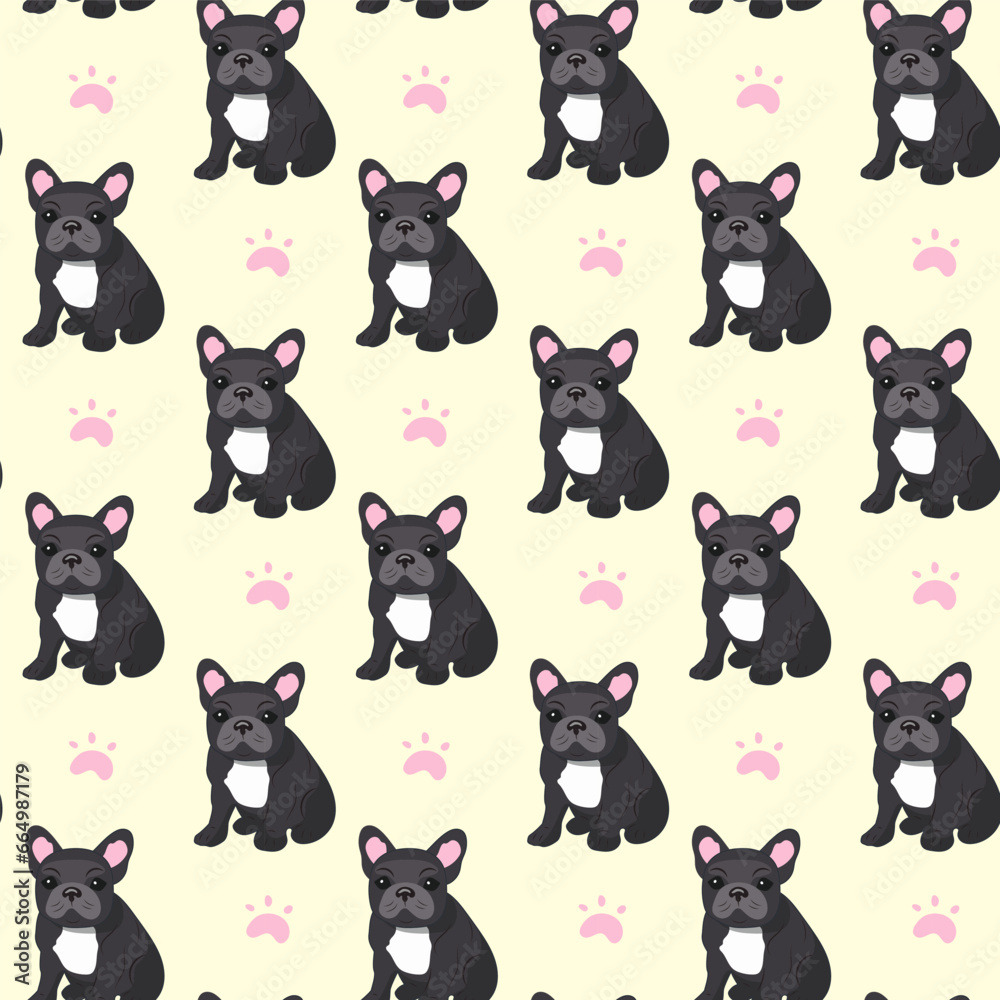 Seamless pattern of black sitting French bulldog babies on a light background with paw prints