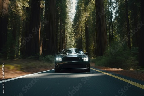 Black modern muscle car driving through a sunny forest.