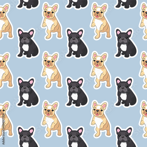 Seamless pattern of beige and black French bulldog puppies on a blue background