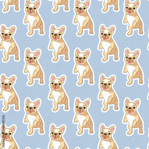 Seamless pattern of beige cute playful French bulldog babies on a blue background