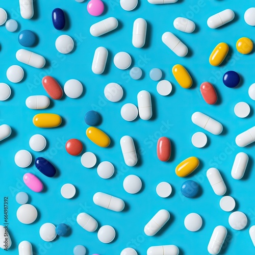 Different pharmaceutical colorful medicine pills, tablets and capsules on bright blue background. Medicine creative concepts. Seamless pattern. Flat lay top view with copy space