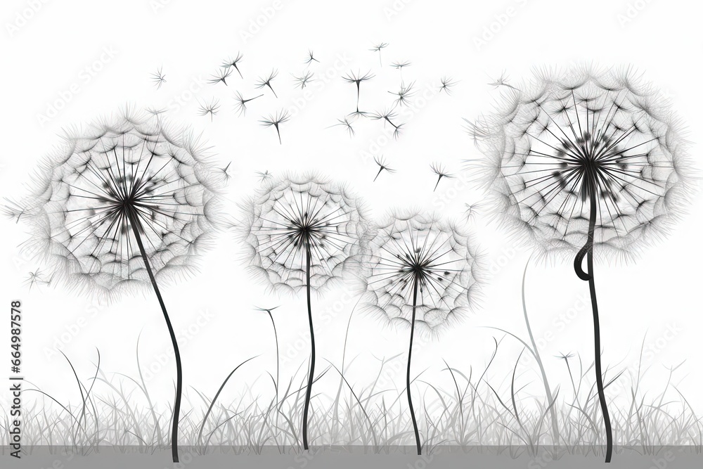 Fototapeta Dandelions with flying seeds in black and white illustration