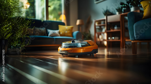 Retro robot household vacuum cleaner at home.