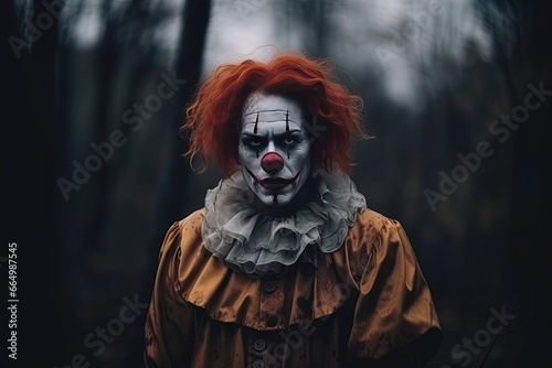 Creepy clown in yellow costume in dark forest, scary Halloween atmosphere.