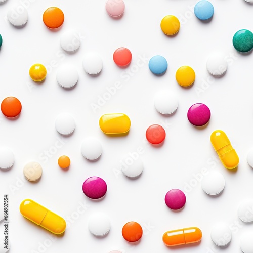 Different pharmaceutical colorful medicine pills, tablets and capsules on white background. Medicine creative concepts. Seamless pattern. Flat lay top view with copy space