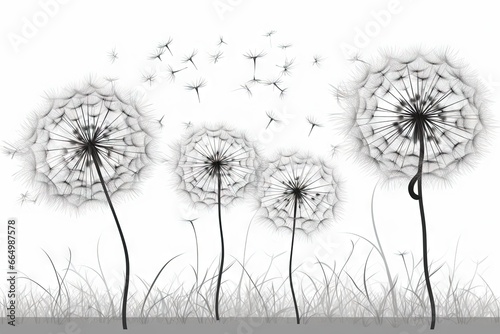 Dandelions with flying seeds in black and white illustration