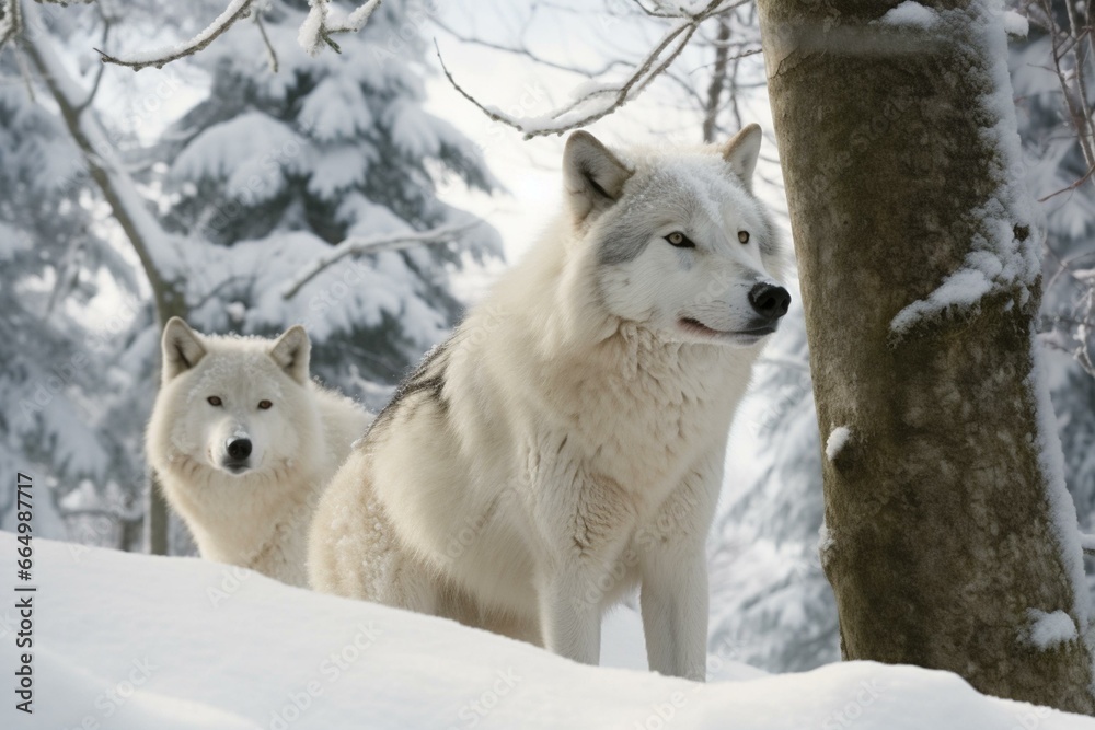 Naklejka premium Stunning wolves thrive amidst a winter wonderland. Generative AI