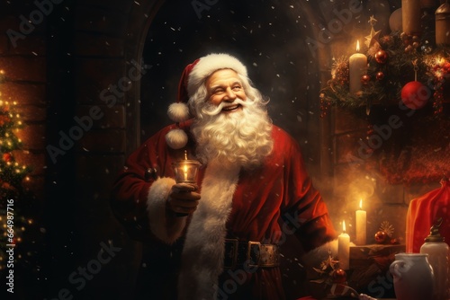 Christmas card with smiling Santa Claus with a gray beard and a red suit with a red hat. Festive and magical atmosphere