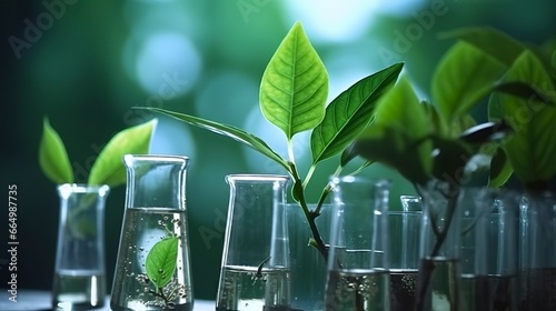 Biotechnology concept with green plant leaves, laboratory glassware, and conducting research, illustrating the powerful combination of nature and science in medical advancements.