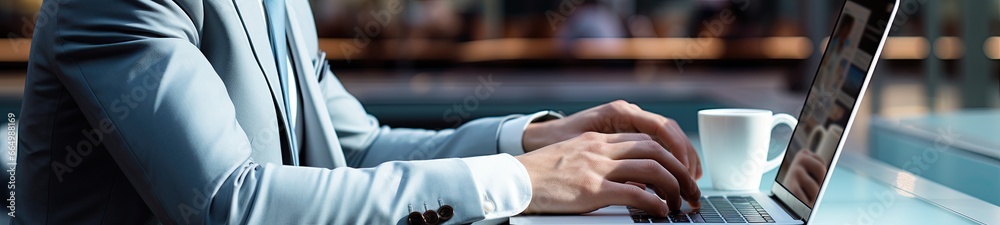 Close up of unrecognizable senior man using keyboard Against big modern office background