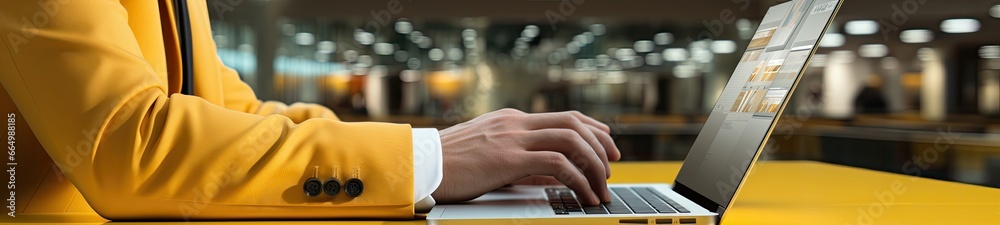 Side view to businessman using laptop with blank screen.