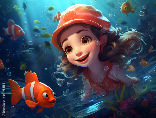 A cartoon girl diving with fish