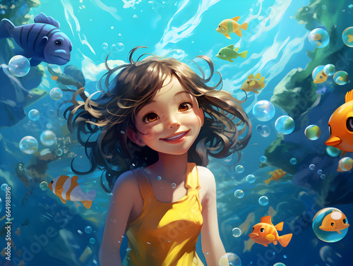 A cartoon girl diving with fish
