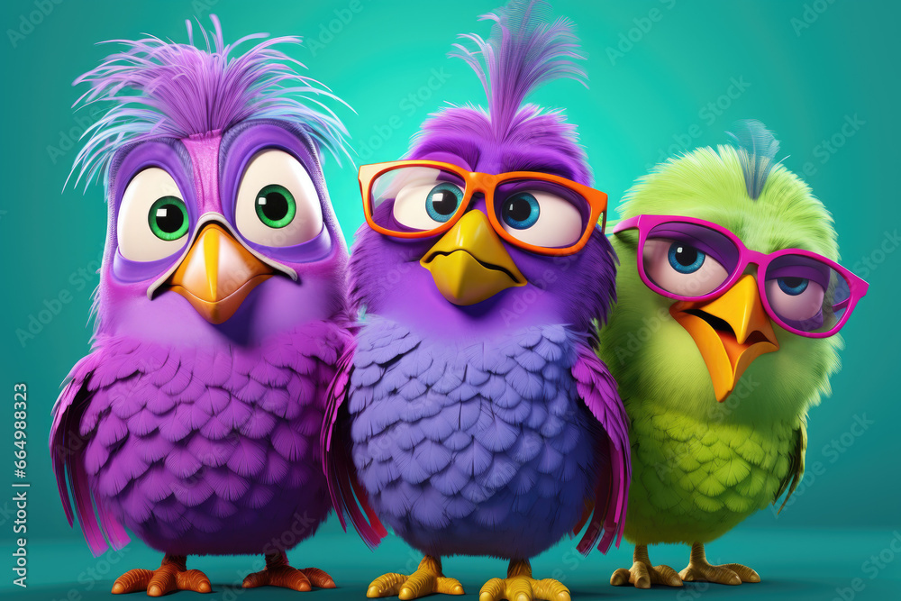 Fototapeta premium Cute little cartoon birds with glasses