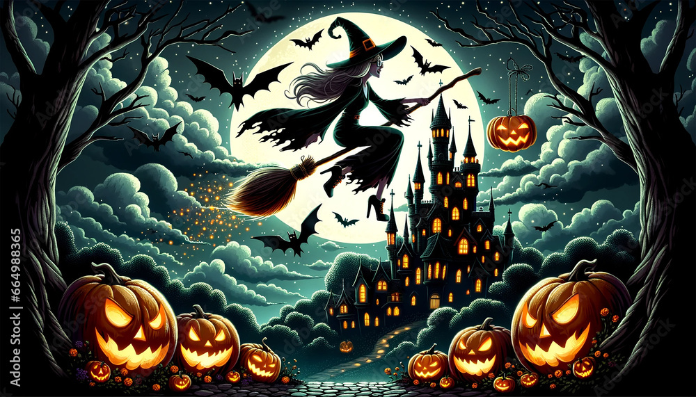 Spooky Halloween Witch Riding Broomstick in Front of Full Moon and Haunted Castle