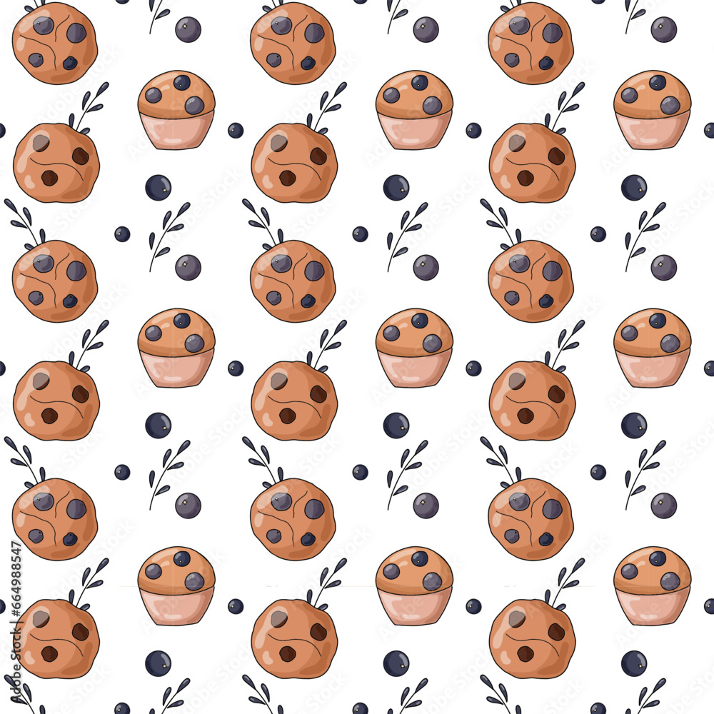 Obraz premium Cute seamless pattern with blueberry cupcakes. 