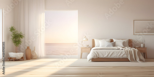 White bedroom on wooden flooring is sitting next to a wicker furniture generative ai © tanjidvect