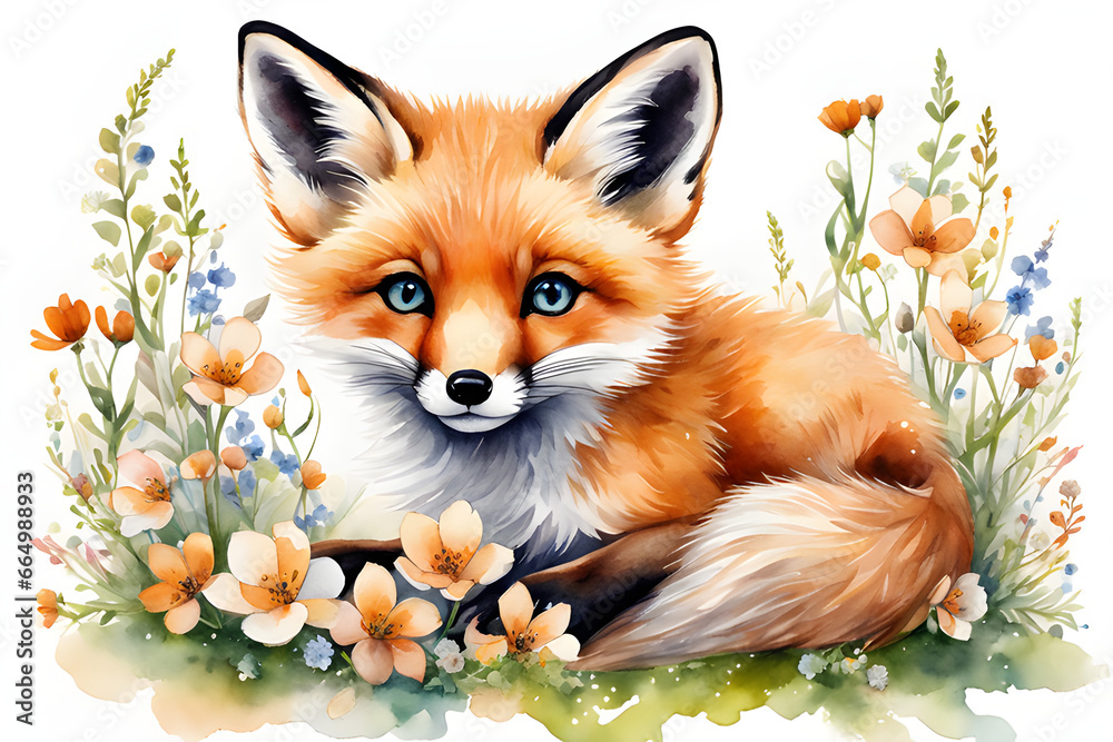 Fototapeta premium a fox with flowers, Generative AI