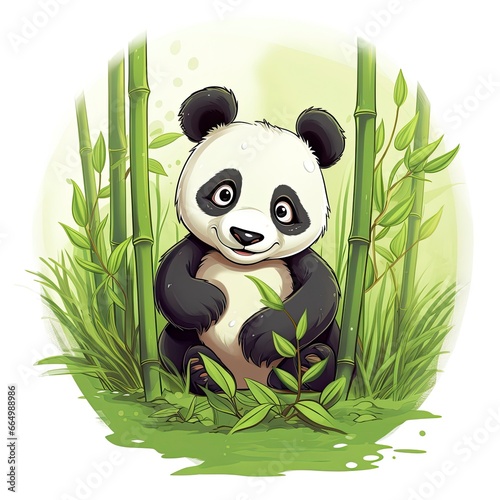 Cute panda in the middle of a bamboo forest. T-shirt design. photo