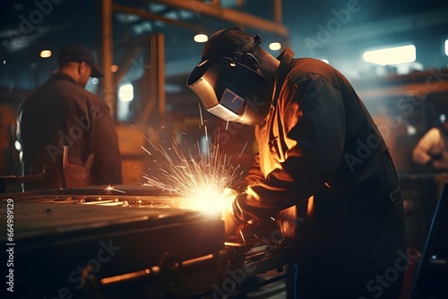 This photo captures a skilled spot welder at work in an industrial setting, showcasing the precision and craftsmanship that goes into the art of welding in the manufacturing industry