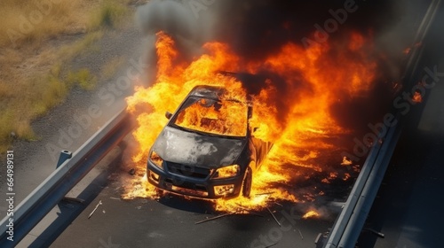 Car on fire. A burning electric vehicle on highway. Aerial View. © wojciechkic.com