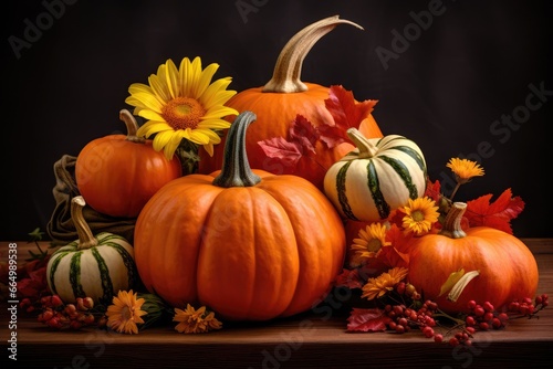 Harvest of orange raw pumpkins. Pumpkins and leaves on rustic wooden table. Thanksgiving day or Halloween concept. Beautiful holiday autumn background