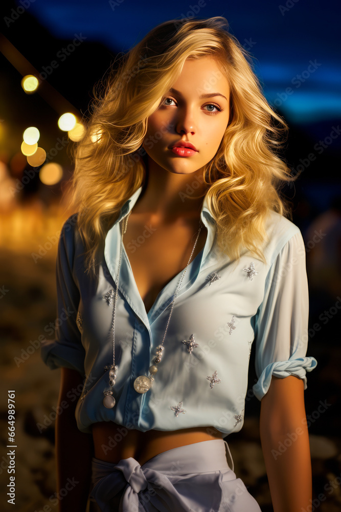 Fototapeta premium Blonde woman alone on beach at night before partying