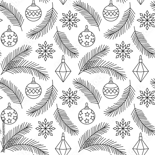 Christmas decorations with fir branches, seamless vector pattern, transparent background, wallpaper, print for textile and wrapping paper, line design decorative elements.