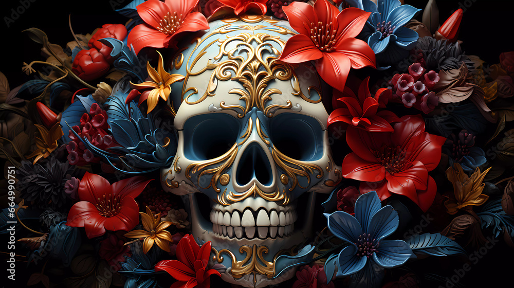 A colorful skull with flowers on it's head and a black background with a black background and a black background with a white and red and blue skull