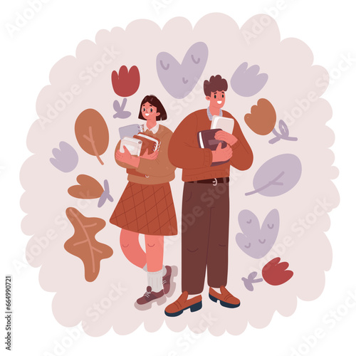 Vector illustration of Portrait of a cheerful young couple of students wearing backpacks, carrying textbooks standing