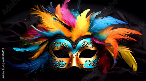 A colorful mask with feathers on a black background with a space for text or image for a text message