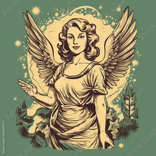 Retro style Christmas angel Hand drawn vector illustration in vintage 