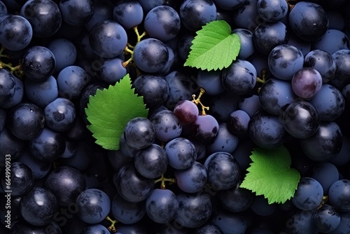 Flat lay background of vines, lots of organic blue dark grapes.