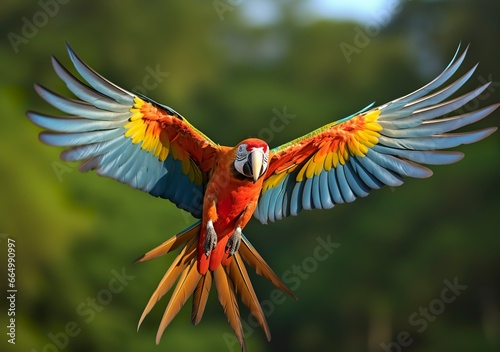 Flying macaw, beautiful bird.