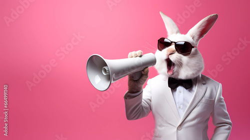 A rabbit with sunglasses and a pink background holding a white bullhorn horn in its mouth and wearing a bow tie