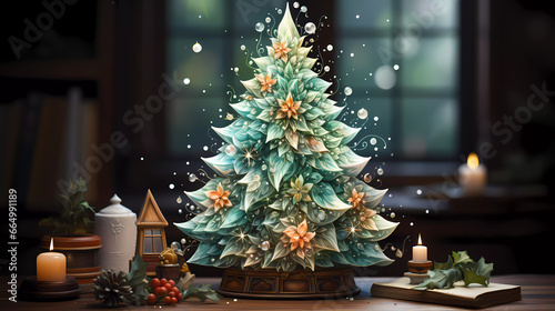 A watercolor painting of a christmas tree with a star on top of it and a snowflake on the top