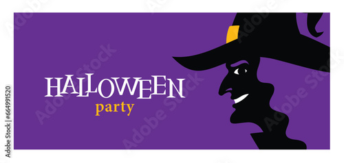 Bright illustration with a elegant witch. Simple halloween party banner. A black silhouette in hat on puple background. Horizontal orientation. Vector illustration in minimalist style. October party