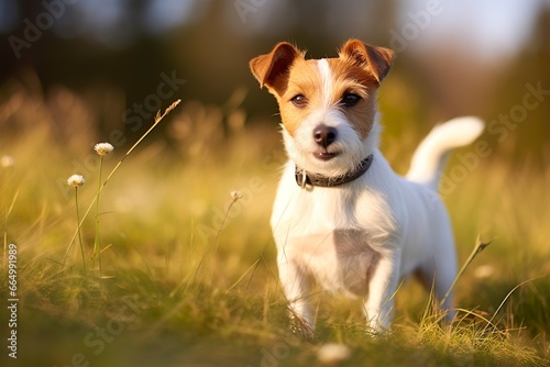 Happy jack russell terrier pet dog waiting, listening in the grass.