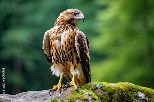 Hawk sitting on rock looking for prey.