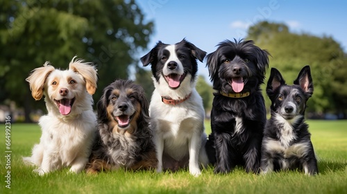 Many different breeds of dogs on the grass