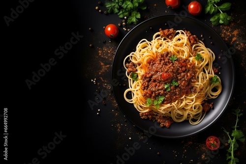 Top view of minced meat and bolognese spaghetti on black background. Kitchen concept and banner. Generative AI